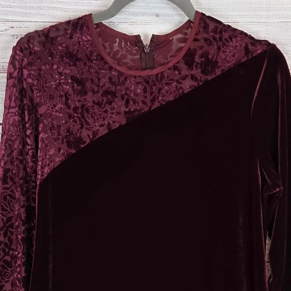 Coldwater Creek Vtg Velvet Lace Burgandy Midi Dress 10 Long Sleeve Romantic Vamp